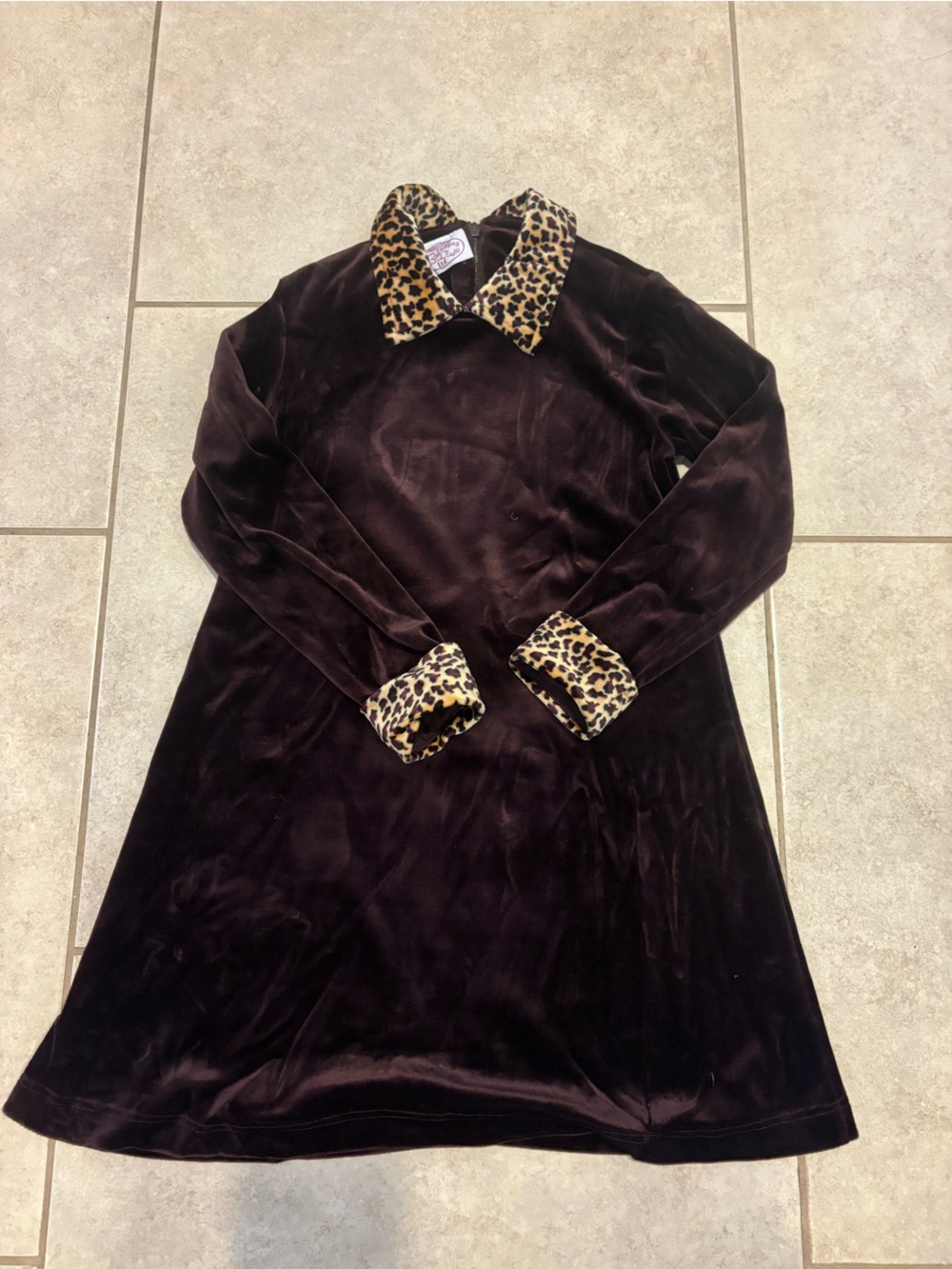 girls Velvet Dress with Leopard Trim